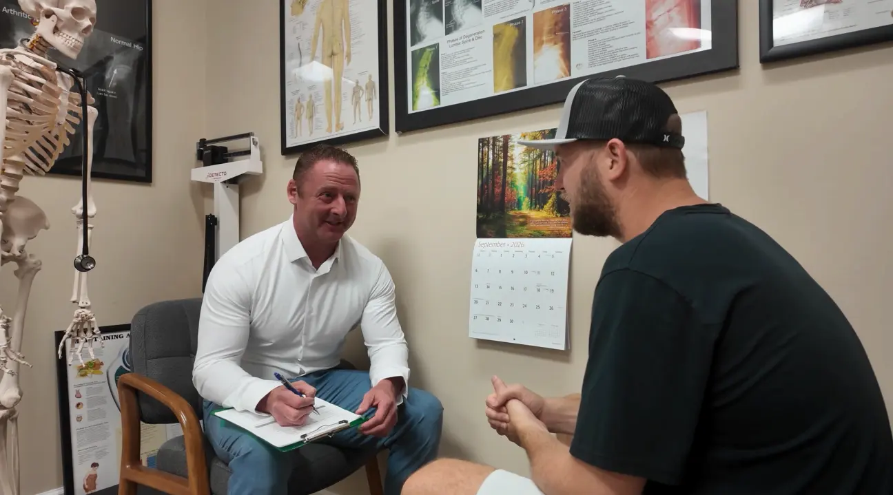 Two men in a medical office, one in a white shirt holding a clipboard, the other in a t-shirt and cap, facing each other. A skeleton model and medical posters are in the background.