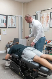 A therapist applies electrodes to a patient's lower back, who is lying face down on a black therapy table in a clinic.