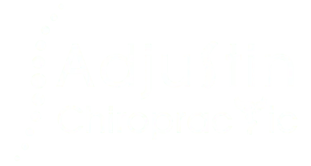 Logo for Adjustin Chiropractic. White text on a black background. The 's' in Adjustin is a spine, and the 'o' in Chiropractic is a winged human figure. A curved line of dots is on the left.